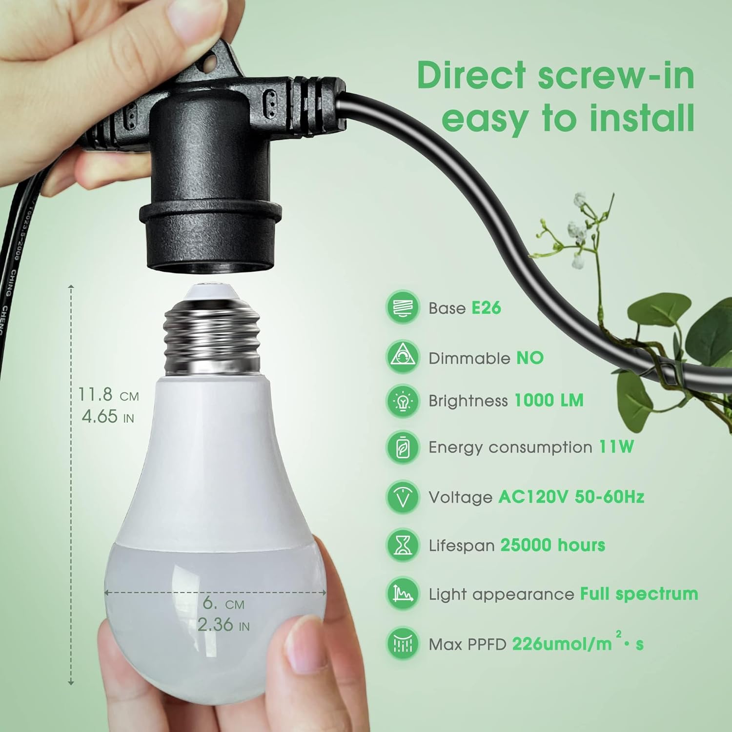 Briignite Hanging Grow Light, 3 LED Full Spectrum Grow Lights with 8.86ft Power Cord, Replaceable Bulbs E26 Base, Linkable Hanging Plant Light, 300W Equivalent