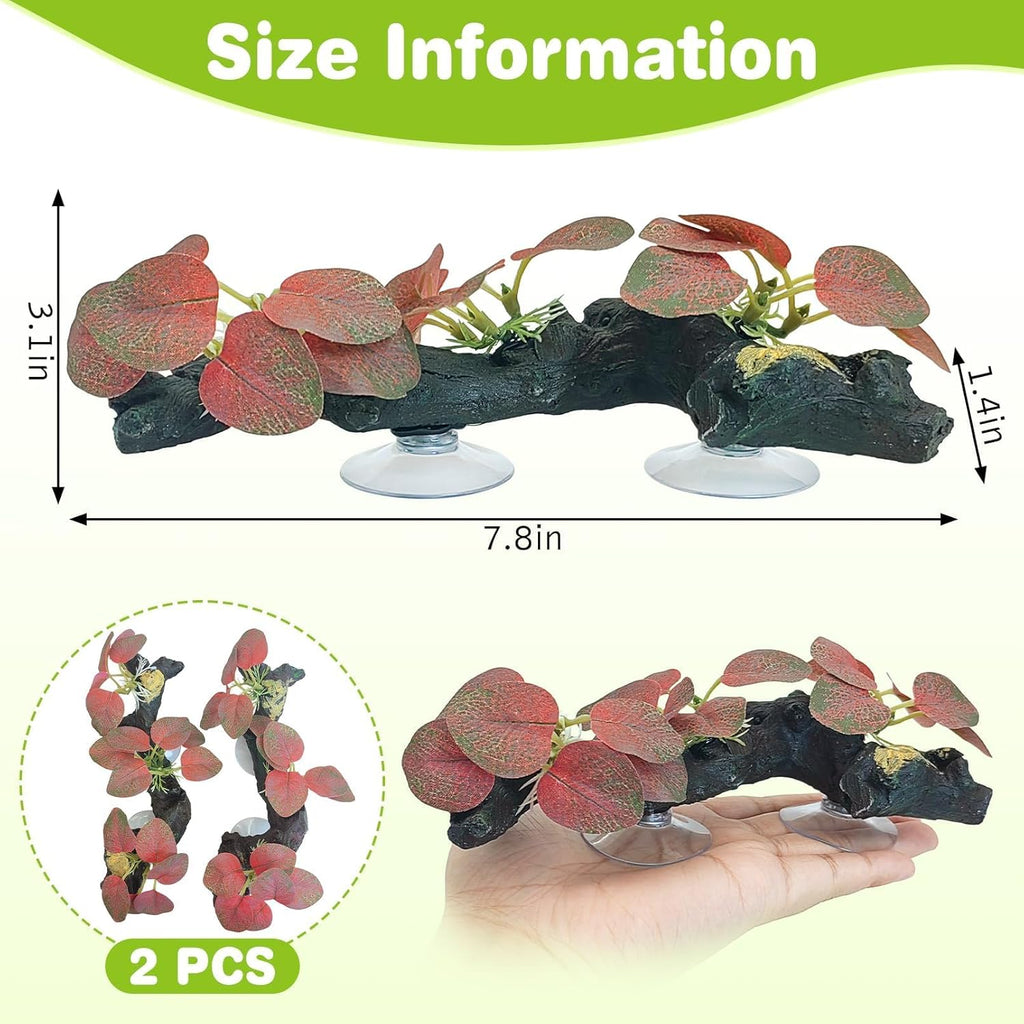 kathson 2 PCS Reptile Corner Branch Resin Snake Climbing Accessories with Leaves Terrarium Plant Decoration with Suction Cup for Frog Lizard Bearded Dragon Gecko Spider Climbing 7.8 x 3.1 x 1.4 inches