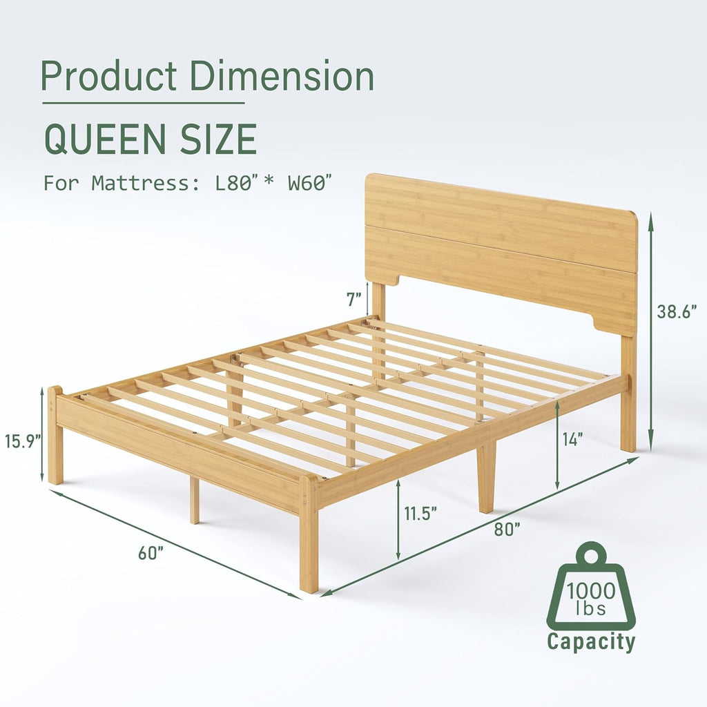 14in High Solid Bamboo Wood Platform Queen Size Bed Frame with Headboard, Reinforced Heavy Duty Metal Slats, Noise Free, No Box Spring Needed, Easy Assembly