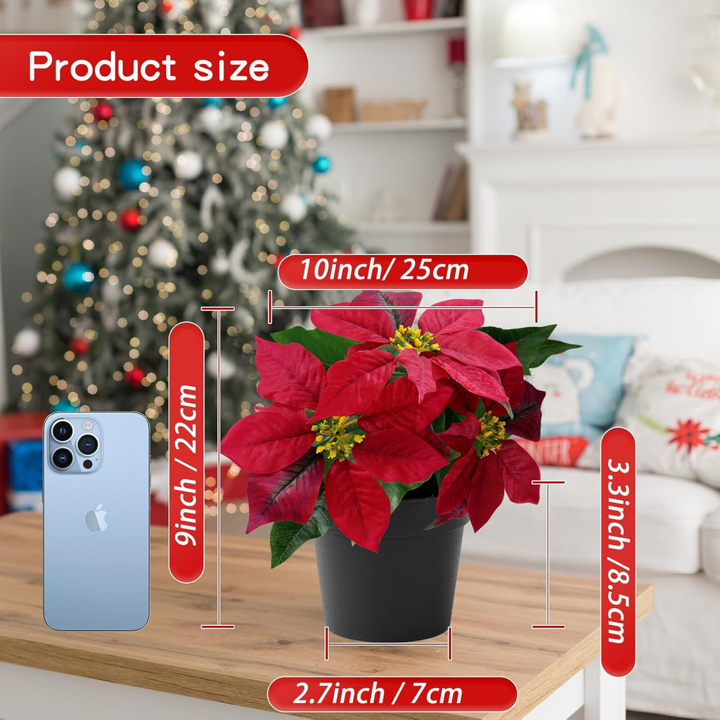 2 Pack Poinsettias Artificial Christmas Flowers Small Red Poinsettia Plant Artificial 9 Inch Faux Winter Flowers for Porch Home Garden Decorations Indoor Outdoor Xmas Ornament