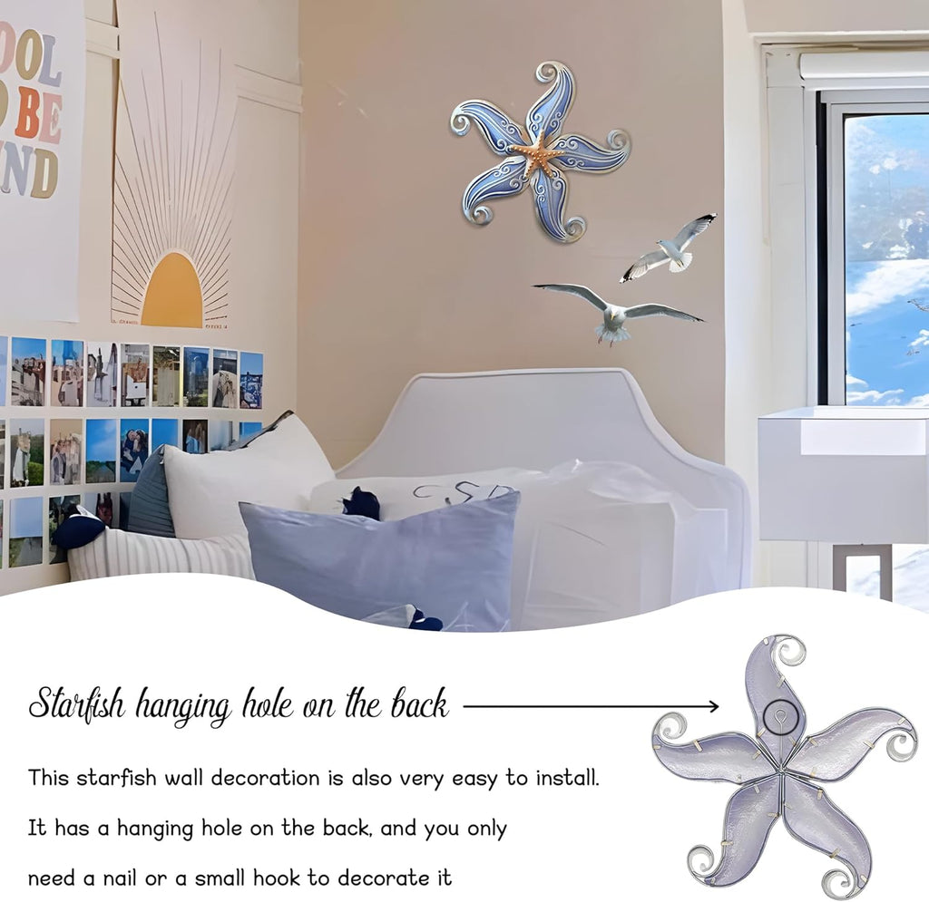 POXOHO Metal Starfish Wall Decor, Sea Life Coastal Decorations 12 inch Starfish Wall Art, Nautical Home Decoration Handing Ocean Beach Wall Art for Garden,Fence,Home,Patio,Kitchen,Bathroom,(Sliver)