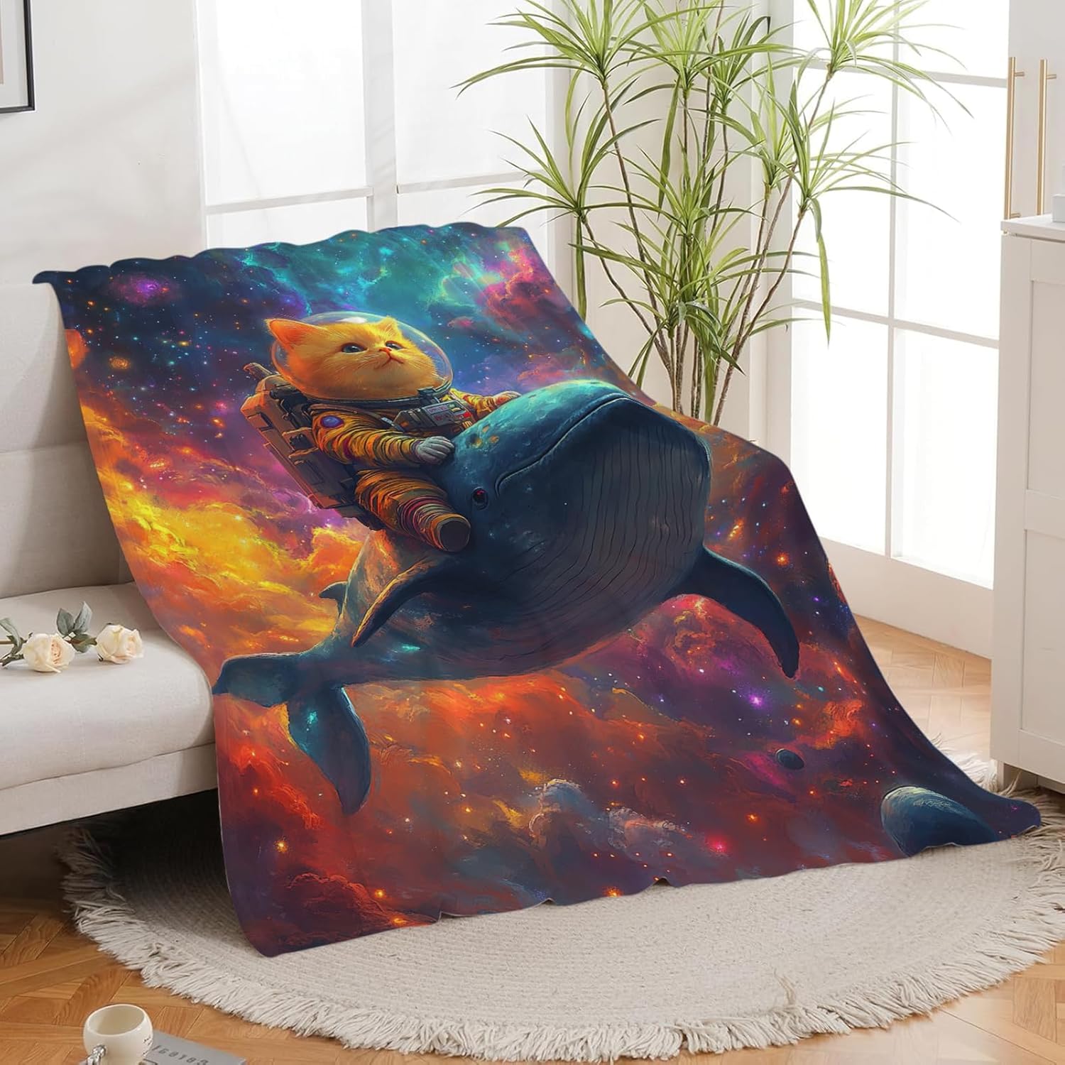 Funny Cat Throw Blanket Universe Space Whale Cat Stuff Gifts for Kids Girls Boys Adults Women Men Soft Cozy Warm Plush Fluffy Fuzzy Fleece Blanket Decor 50''X60''