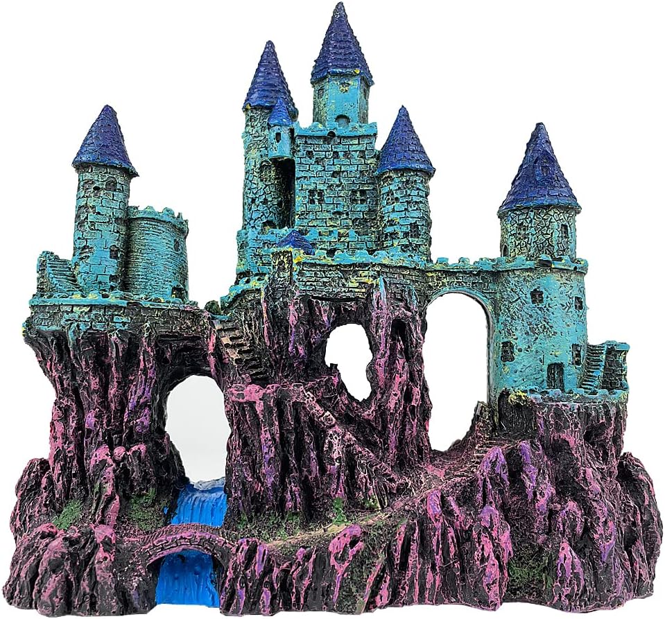 Aquarium Castle Decoration for Fish Tank Castle Cave Hideouts House Plants Supplies Accessories Safe for Freshwater and Saltwater Fish Tanks – Medium（Blue）