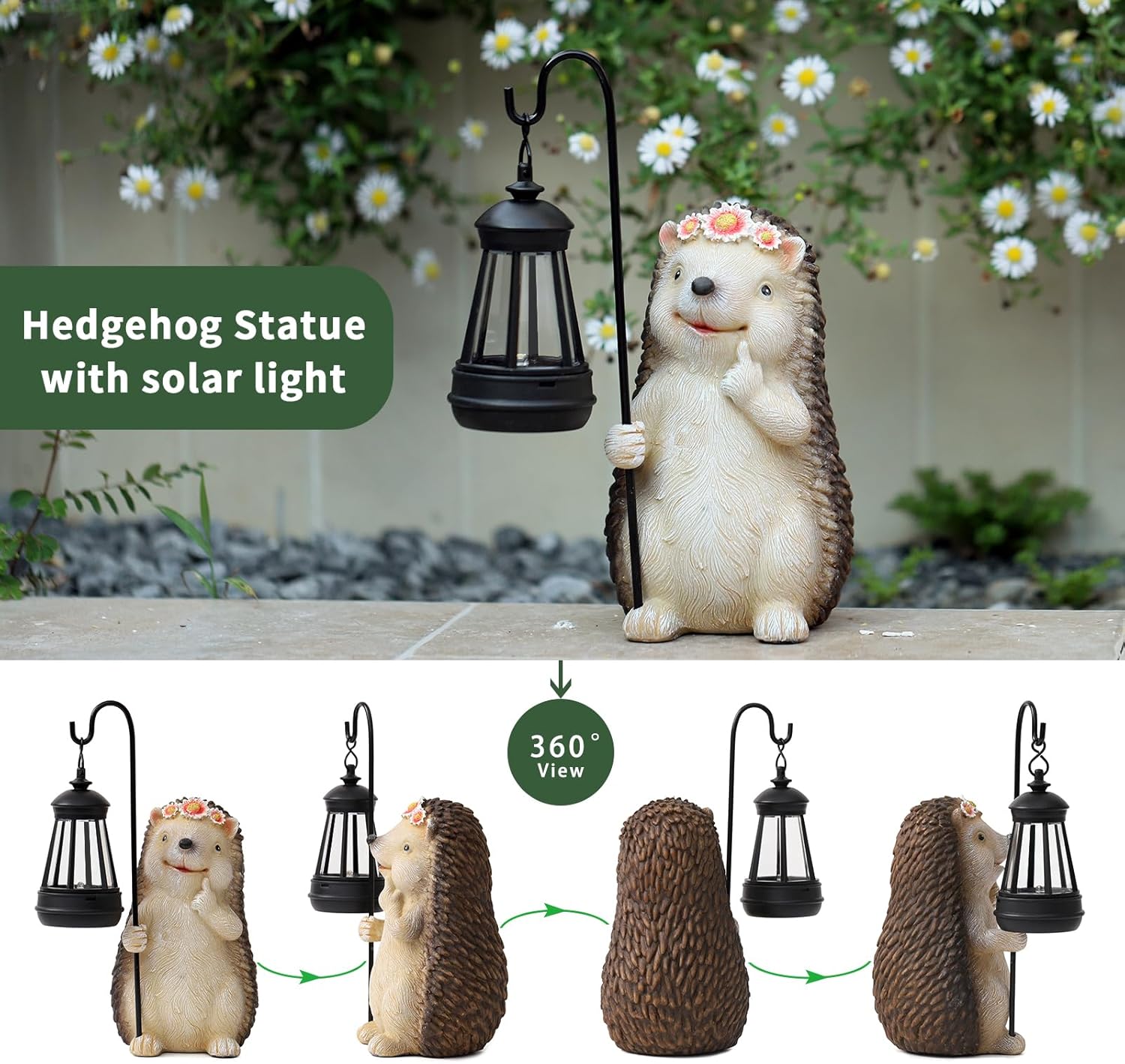 Garden Hedgehog Gnome Statue Decorations - Solar Resin Hedgehog with Solar Garden Lights Outdoor Decorations for Patio,Yard,Lawn,