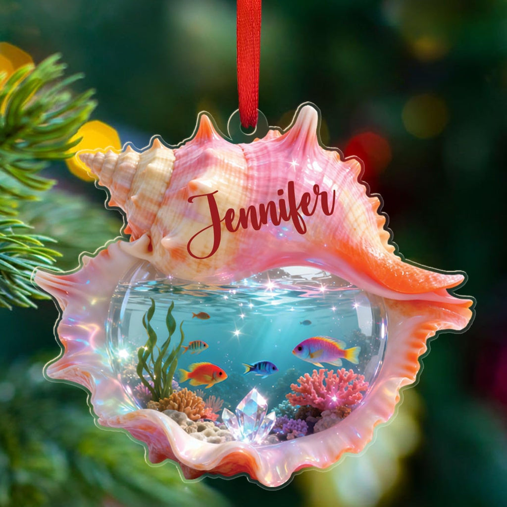 Sea Shell Shaped Acrylic Ornament, Personalized Seashell Christmas Ornament, Sea Shell Animal Underwater Holiday Keepsake, Custom Name Seashell Ornaments for Xmas Tree, Gift for Sea Animal Lovers