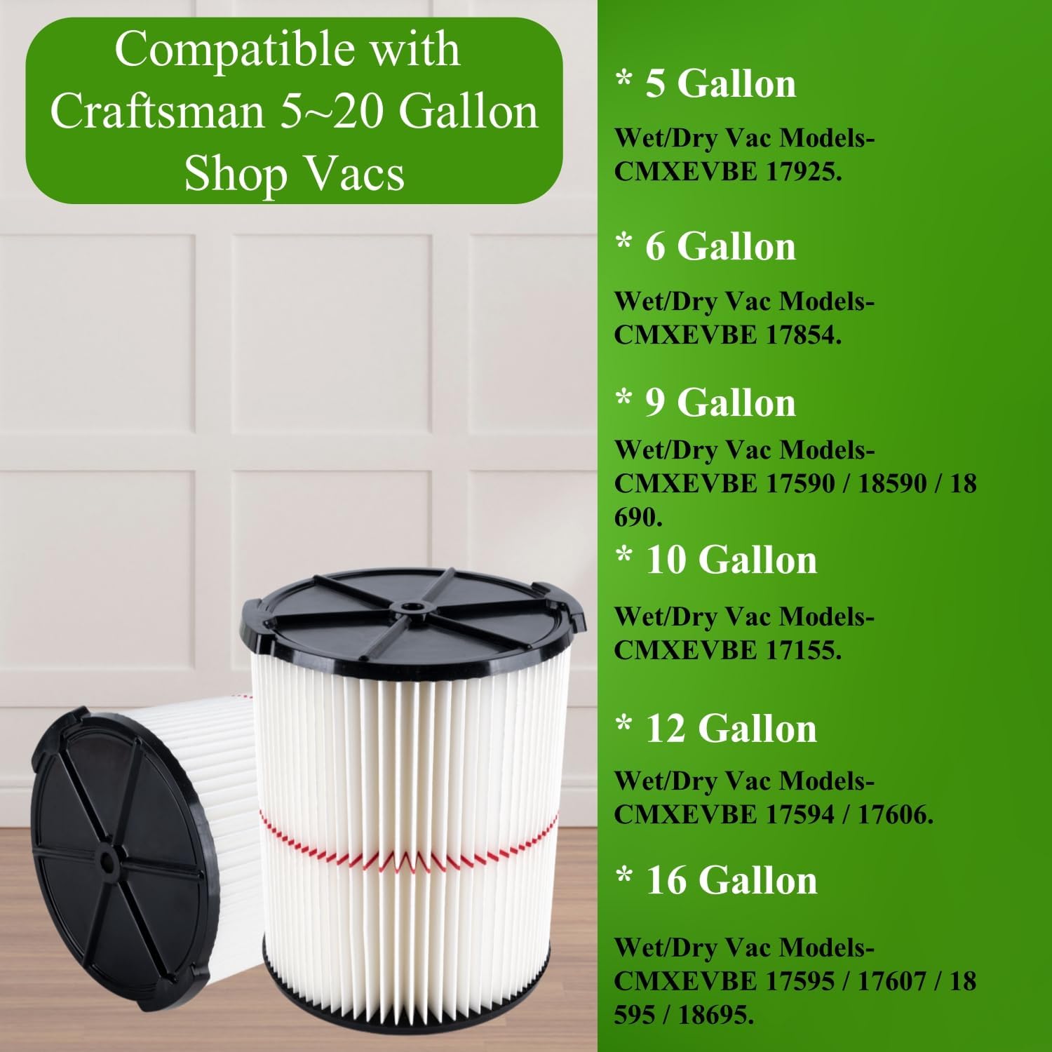2 Pack CMXZVBE38754 Replacement Filter Fit for Craftsman Shop Vac Wet Dry 5 to 20 Gallon, 9-38754 Red Stripe General Purpose Wet Dry Vac Replacement Filter