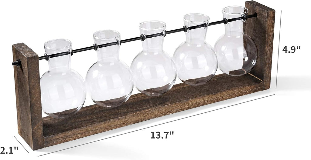 Mkono Plant Terrarium with Wooden Stand, Wall Hanging Glass Planter Desktop Plant Propagation Vase with Metal Swivel Retro Rack for Hydroponics Plants Home Office Decor (5 Bulb Vase)
