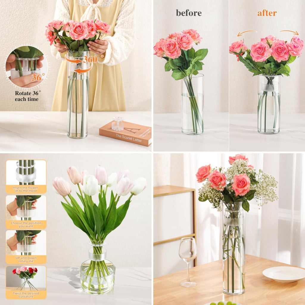 4 Large Acrylic Clear Cylinder Vase Set with 4 Spiral Ikebana Stem Holder Ring, Unbreakable Tall Plastic Hurricane Vases for Wedding Centerpieces Flower Bouquet Decor (4 Vases + 2 Holder)