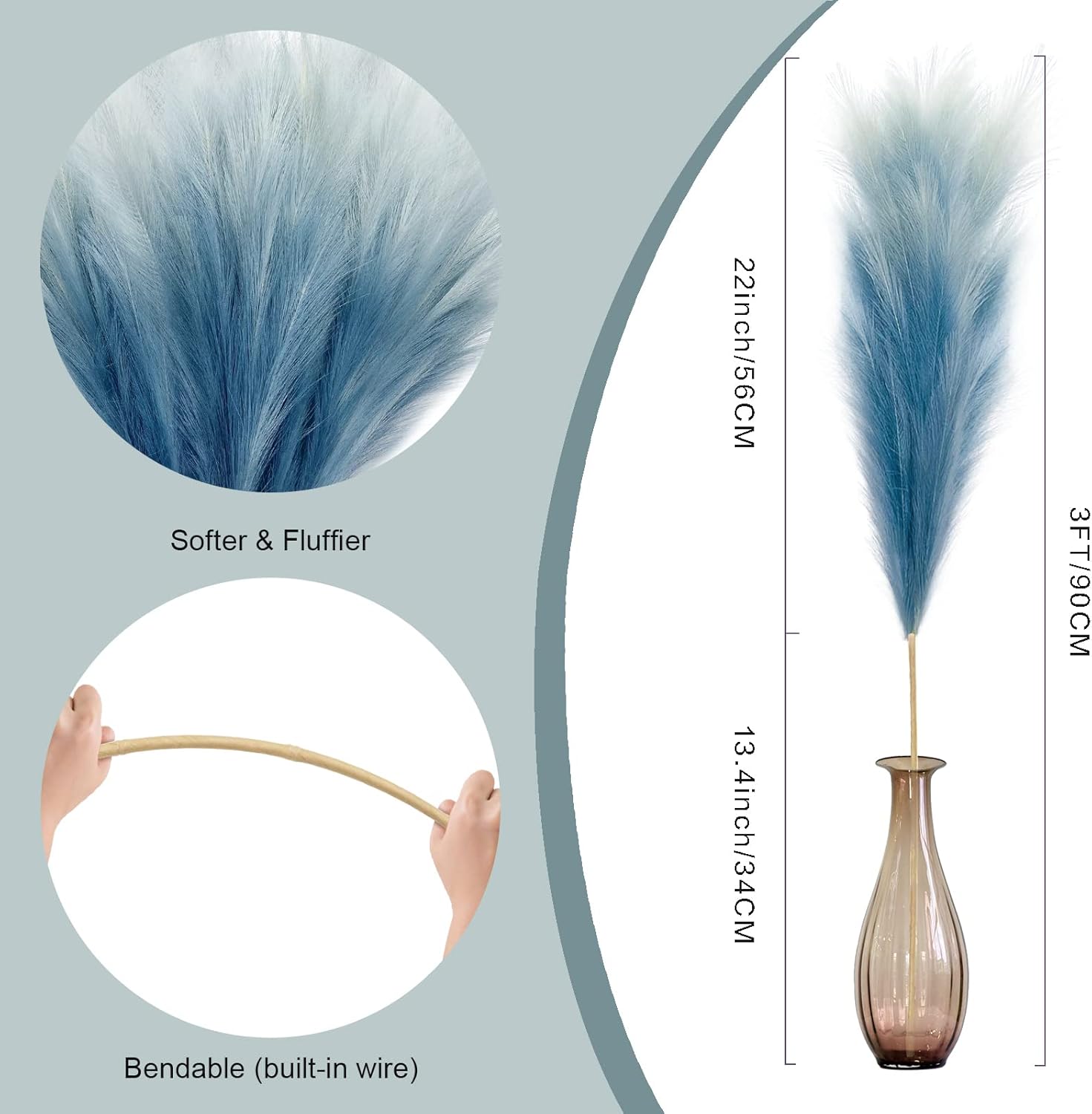 KALYLOC 8Pcs 35.4” Blue Colorful Faux Pampas Grass, Fluffy Artificial Bulrush Branches Boho Decor, Filler Tall Pampas Grass Reed Fluffy Stems for Living Room Wedding Decoration