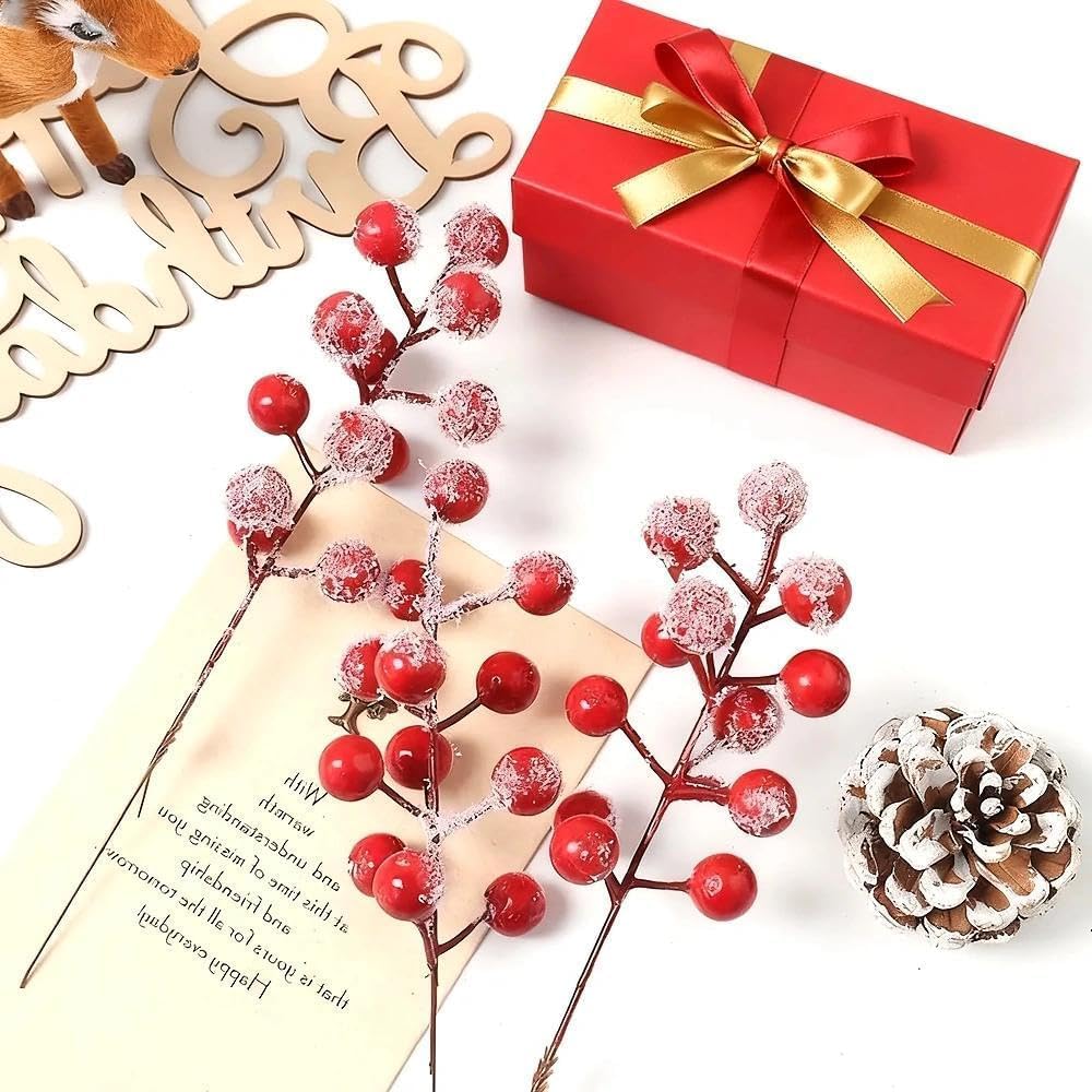 20 Pcs Artificial Frosted Holly Berry Stems, 12 Heads Faux Sprays Red Berries Snowflake Picks for Christmas Tree Ornaments Branches Fillers DIY Xmas Party Decor