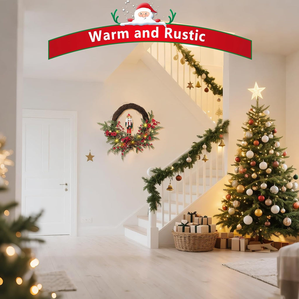 Christmas Wreath Artificial Christmas Nutcracker Wreath with a Nutcracker, Red Berries and Pine Cones, Suitable for Decorating Doors, Windows. (Red Wooden Nutcracker Decor with Light)