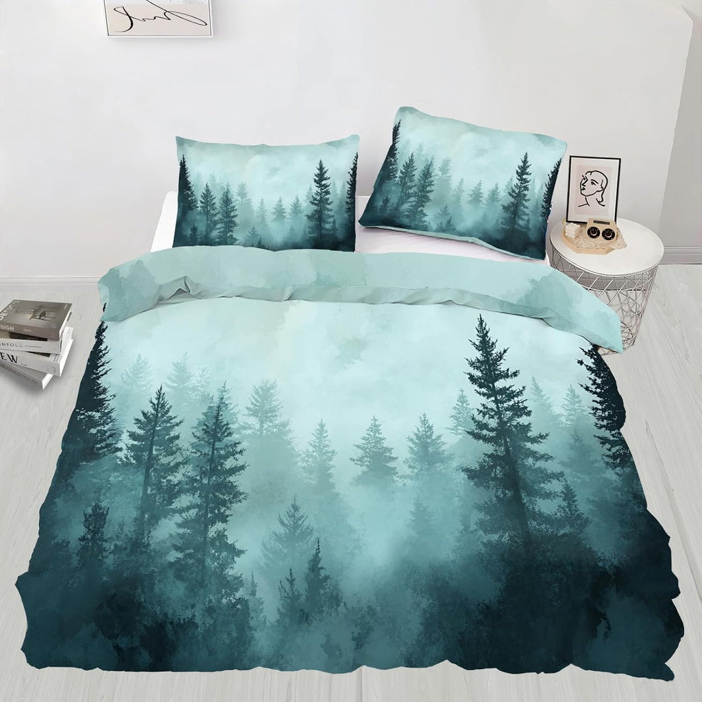 Misty Forest Duvet Cover California King, Watercolor Green Tree Bedding Set 3 Piece Bedroom Decor Vintage Natural Comforter Cover and 2 Pillow Sham with Zipper Closure