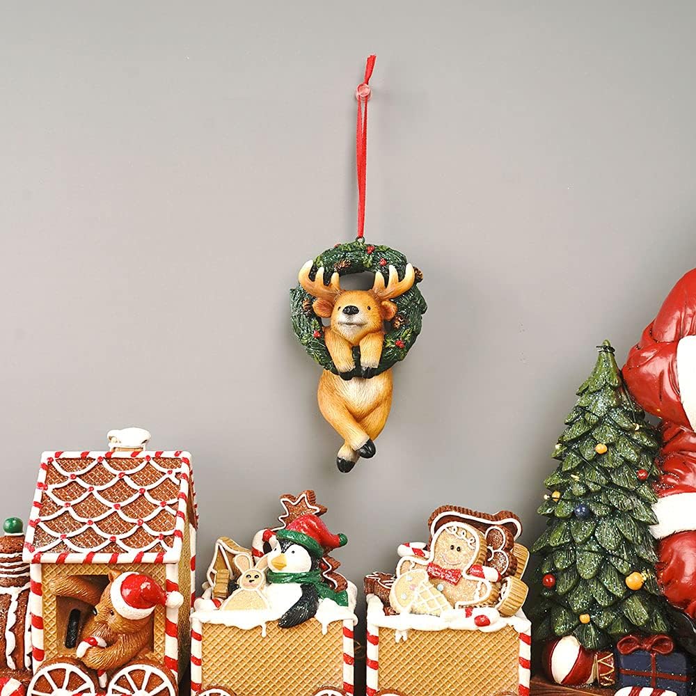 Christmas Small Animal Wreath Swing Ornament Hanging Decor for Xmas Tree Home Office Room Decoration with String (New, Elk)