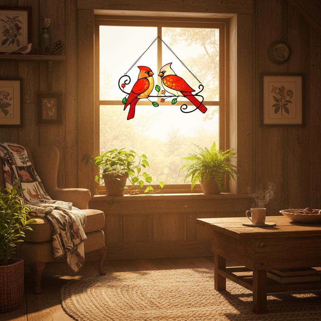 Cardinal Bird Stained Glass Window Hanging, Sun Catchers Indoor Panel, Nautical Suncatcher Decor for Home, Wall, Garden, Coastal Ornament, Gift for Women and Mom