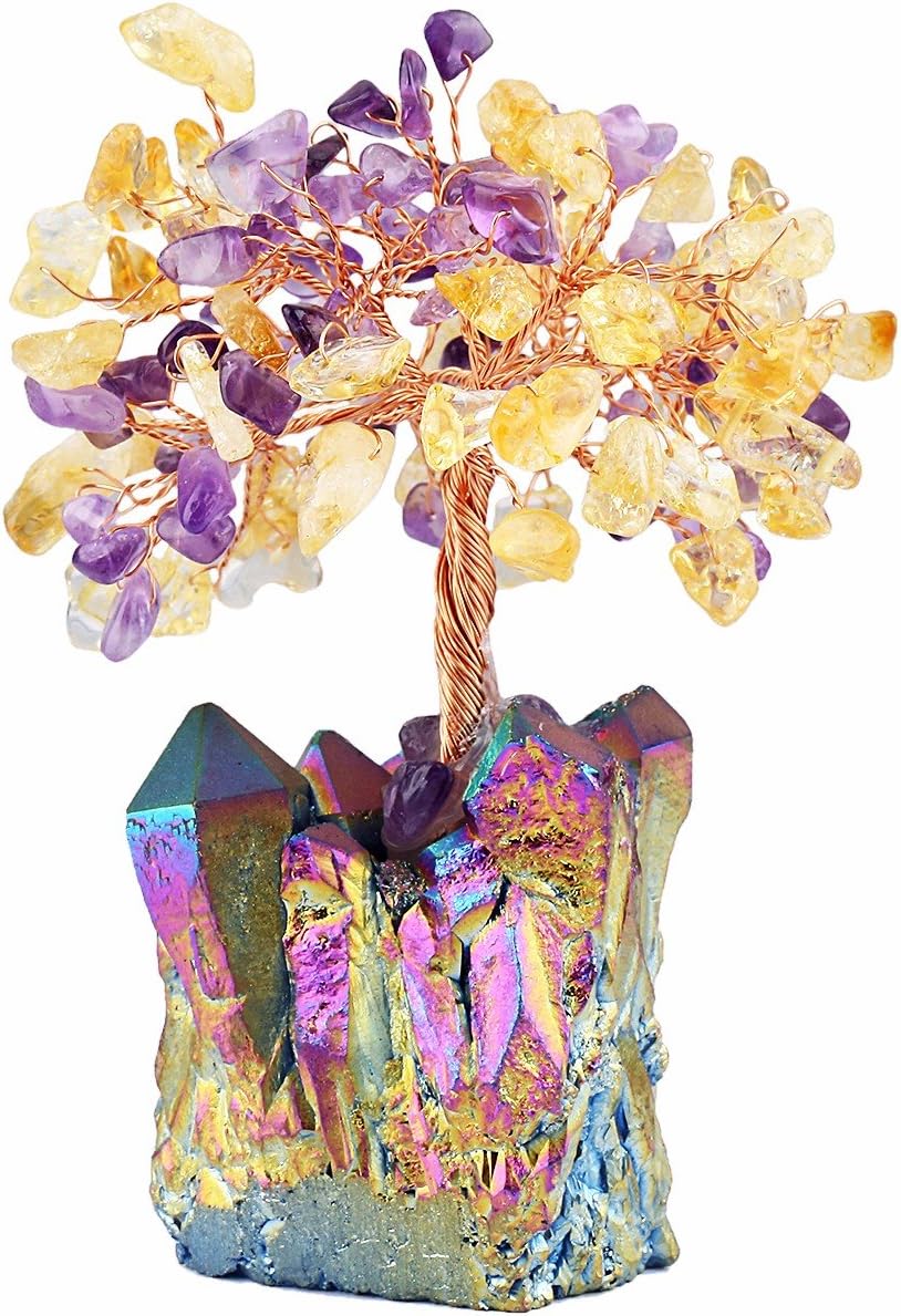 mookaitedecor Citrine & Amethyst Crystal Tree, Quartz Cluster Rainbow Titanium Crystals Base Bonsai Money Tree for Wealth and Luck