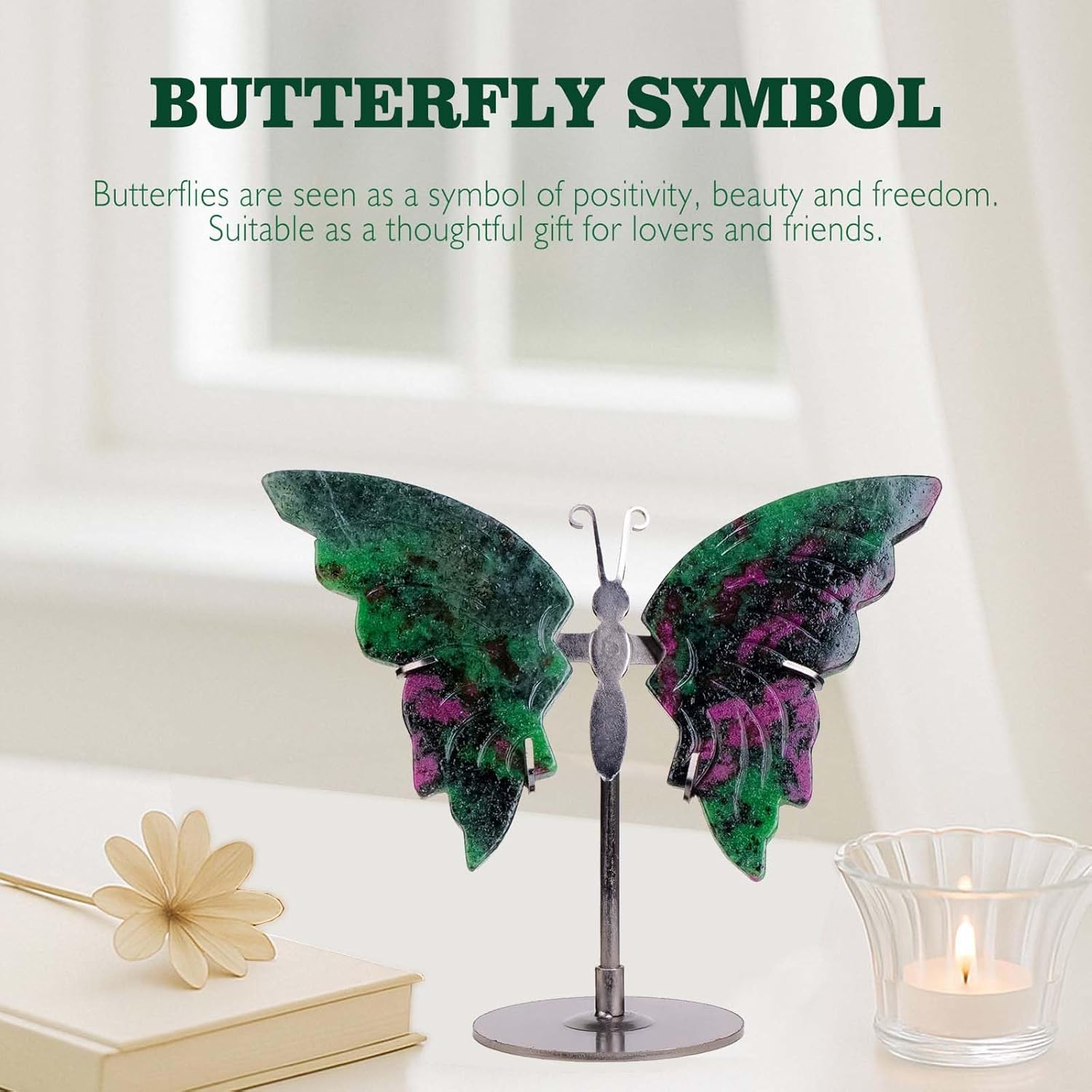 Crystal Butterfly Ornament, Amethyst Agate Wings, Home Office Tabletop Decor (Ruby-in-Zoisite)