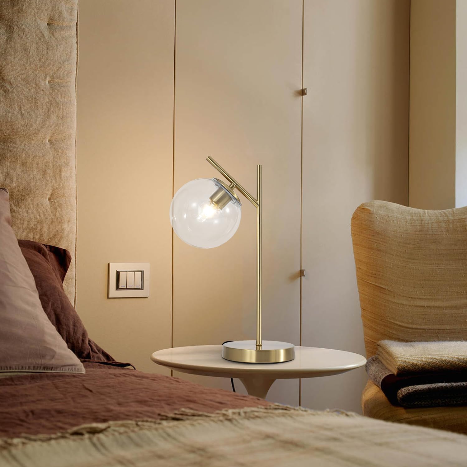 Mid Century Modern Table Lamp, Contemporary Metal Brass Bedside Lamps with Clear Glass lampshade, Gold Globe Nightstand Lamp for Bedroom Living Room Study Room