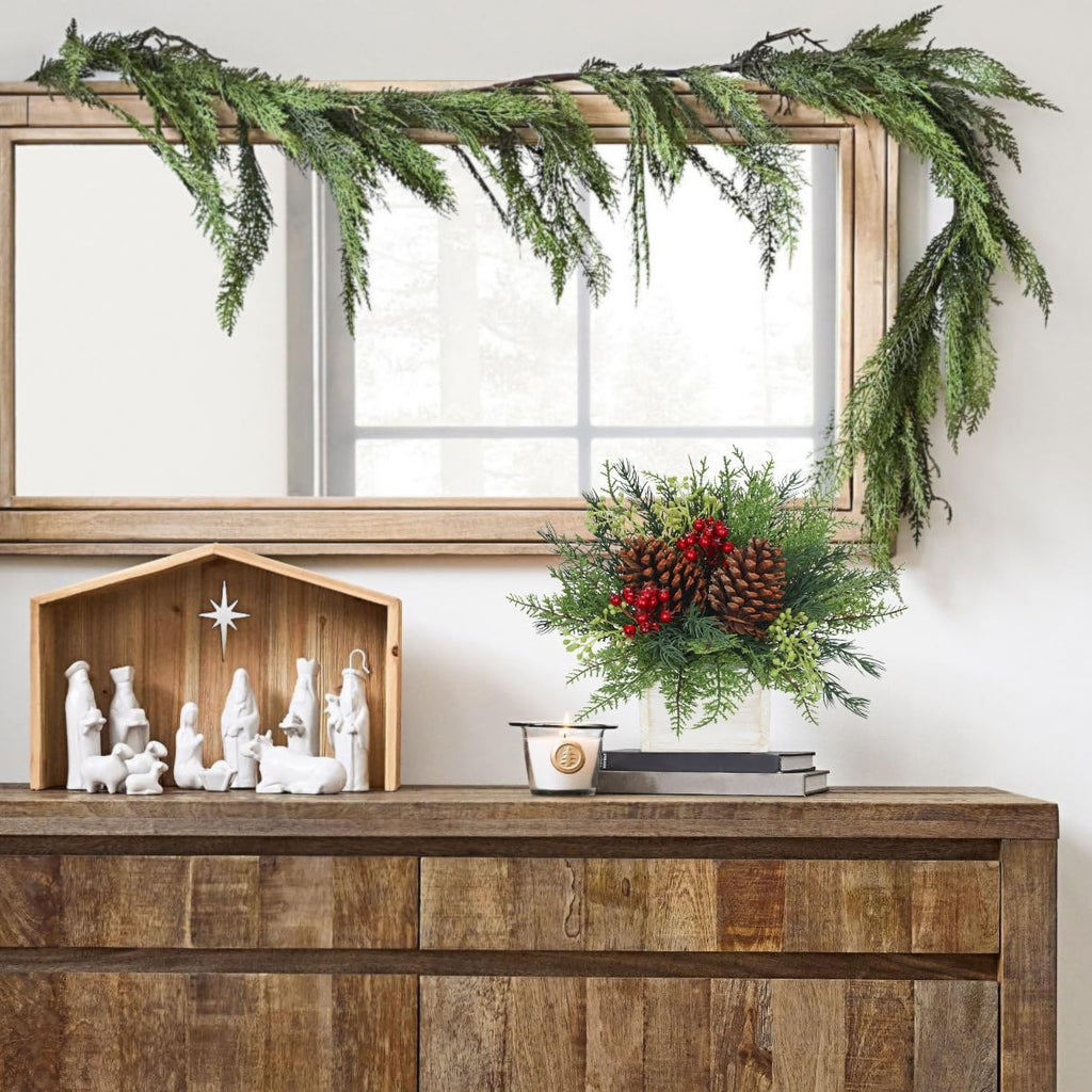 Christmas Centerpieces Table Decorations 10" Small Artificial Potted Christmas Tree Tabletop Pine Plants with Red Berry Pine Cones in Wooden Pot for Home Winter Xmas Mantel Farmhouse Indoor Decor