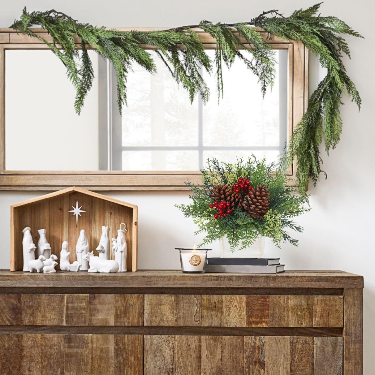Christmas Centerpieces Table Decorations 10" Small Artificial Potted Christmas Tree Tabletop Pine Plants with Red Berry Pine Cones in Wooden Pot for Home Winter Xmas Mantel Farmhouse Indoor Decor