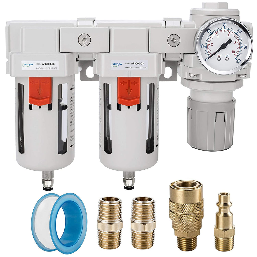 NANPU 3/8" NPT Air Drying System - 5 Micron Particulate Filter, 0.01 Micron Coalescing Filter, Air Pressure Regulator Combo - Semi-Auto Drain, Poly Bowl w/Metal Gauge