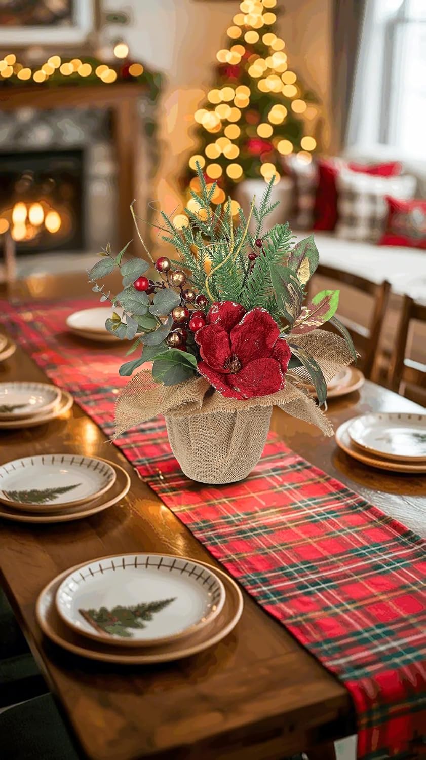 Briful 15.7’’ Premium Artificial Christmas Arrangement with Red Magnolia, Pomegranate & Gold Berries in Burlap Pot, Elegant Holiday Centerpiece for Farmhouse & Modern Christmas Décor