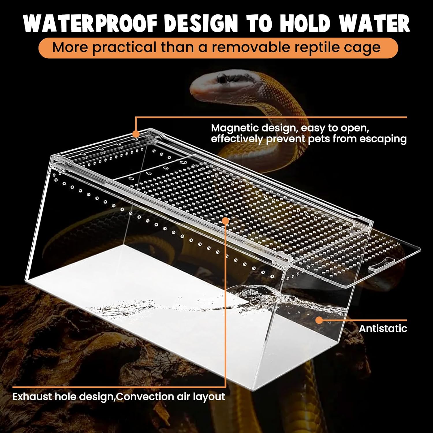 Reptile Tank Enclosure with Magnetic Button.12*8*6"Thicken Snake Enclosure Cage,Cross Ventilation Reptile Terrarium,5 Gallon Acrylic Enclosure Tarantula Enclosure for Snake,Hermit Crab,Frog,Tortoise
