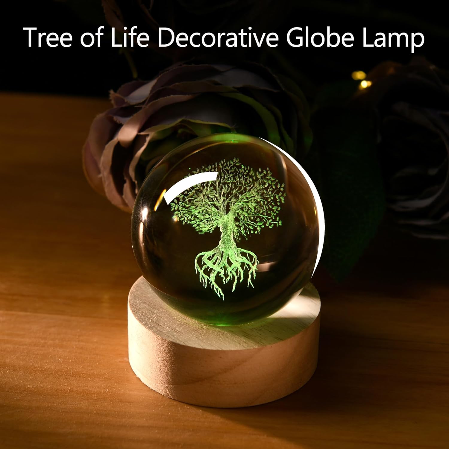 IFOLAINA Tree of Life Crystal Ball with Lighted Base Laser Engraved Glass Ball Tree of Life Night Light Decorative Globes 3D Crystal Plant Sphere Gifts for Her Birthday