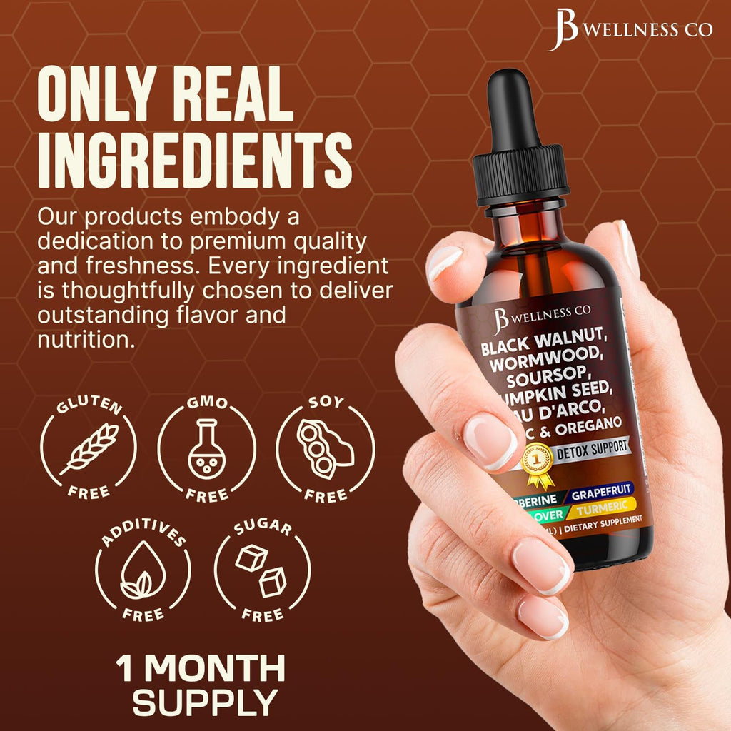 Wormwood Black Walnut Cleanse for Humans Drops Liquid Soursop Garlic Pumpkin Seed PAU D'Arco Oil of Oregano Turmeric Berberine Neem Extract Hull Bark Tincture - 2 oz