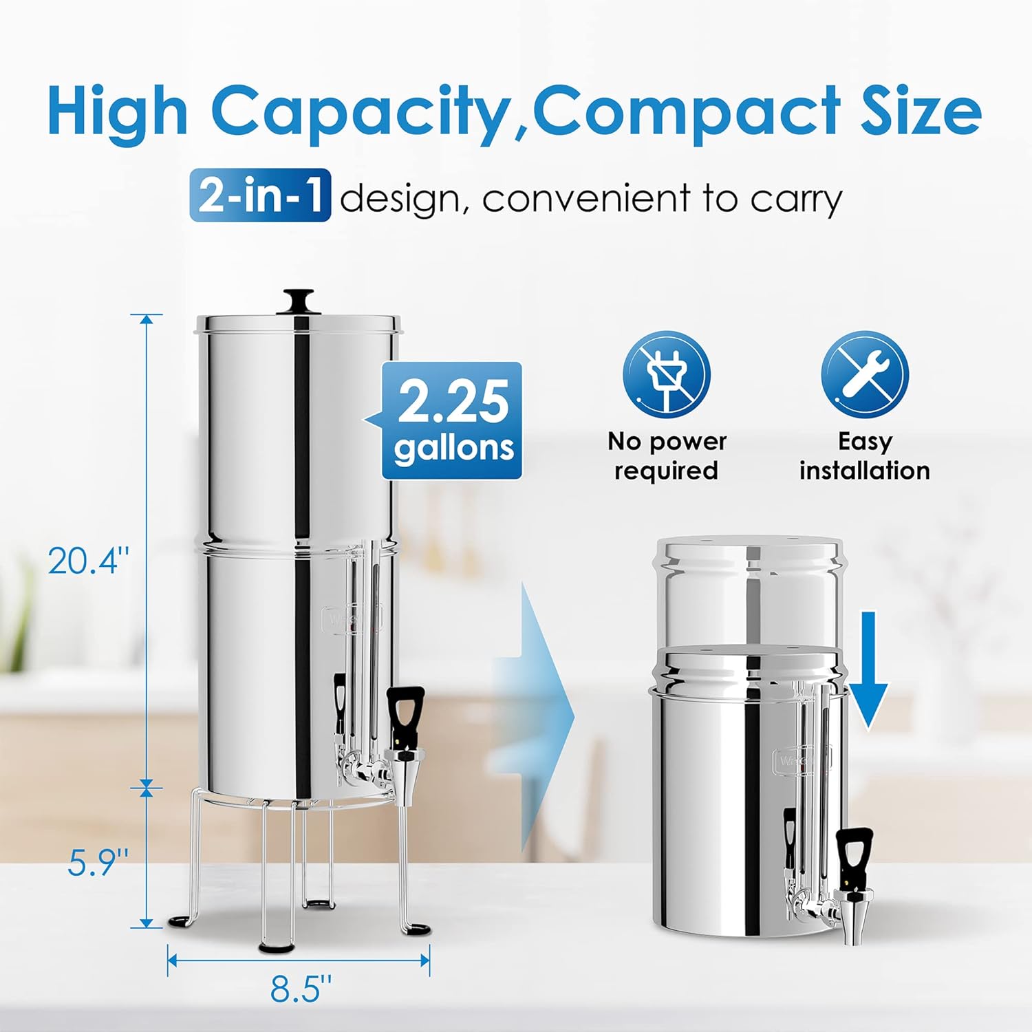 Waterdrop Water Filter System, NSF/ANSI 42&372 Standard, 2.25G Stainless-Steel System with 2 Filters, Sight Glass Spigot and Stand, Reduces Chlorine and Lead-King Tank Series, WD-TK-S