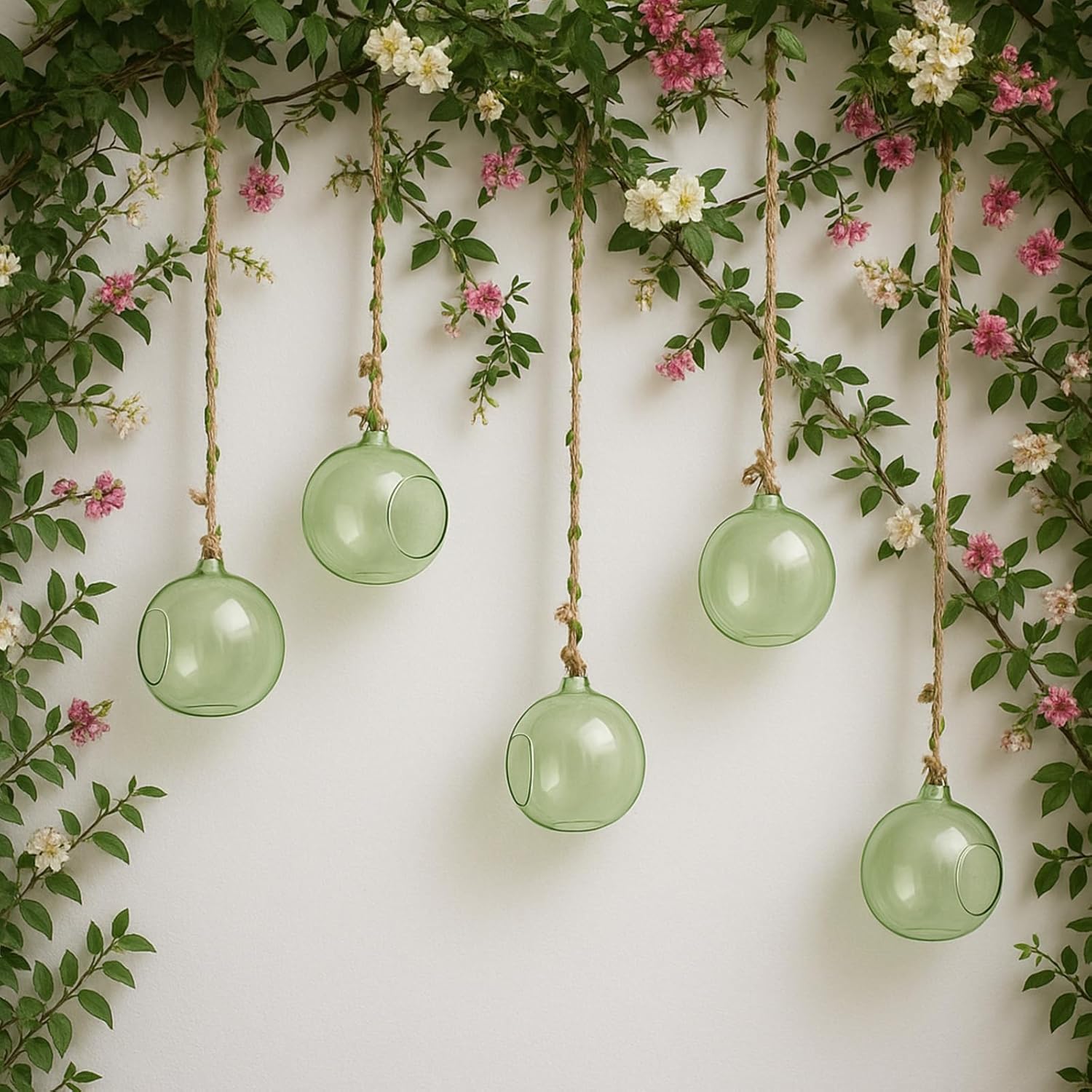 3.15'' Hanging Glass Tealight Holder Globe and 33ft 5mm Natural Jute Twine Ribbon with Artificial Leaves for Crafts, Hanging Glass Terrarium Containers for Wedding Party Tree Decoration
