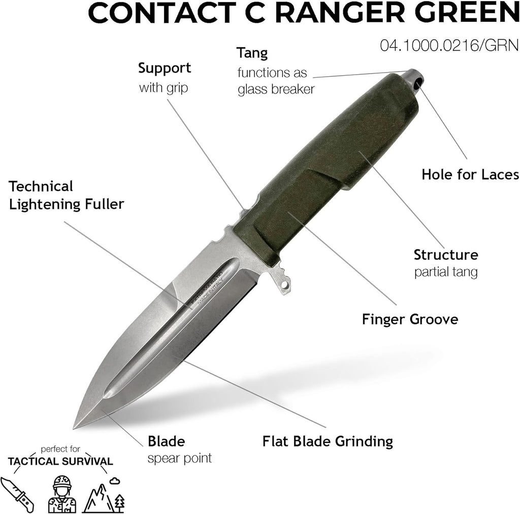 Extrema Ratio - Contact C (Ranger Green) Fixed Blade Knife, Böhler N690 Steel Blade Hardened to 58 HRC, Stone-Washed Finish, Full-Tang Design, Ergonomic Forprene Handle, Precision Handcrafted in Italy, Durable and Reliable