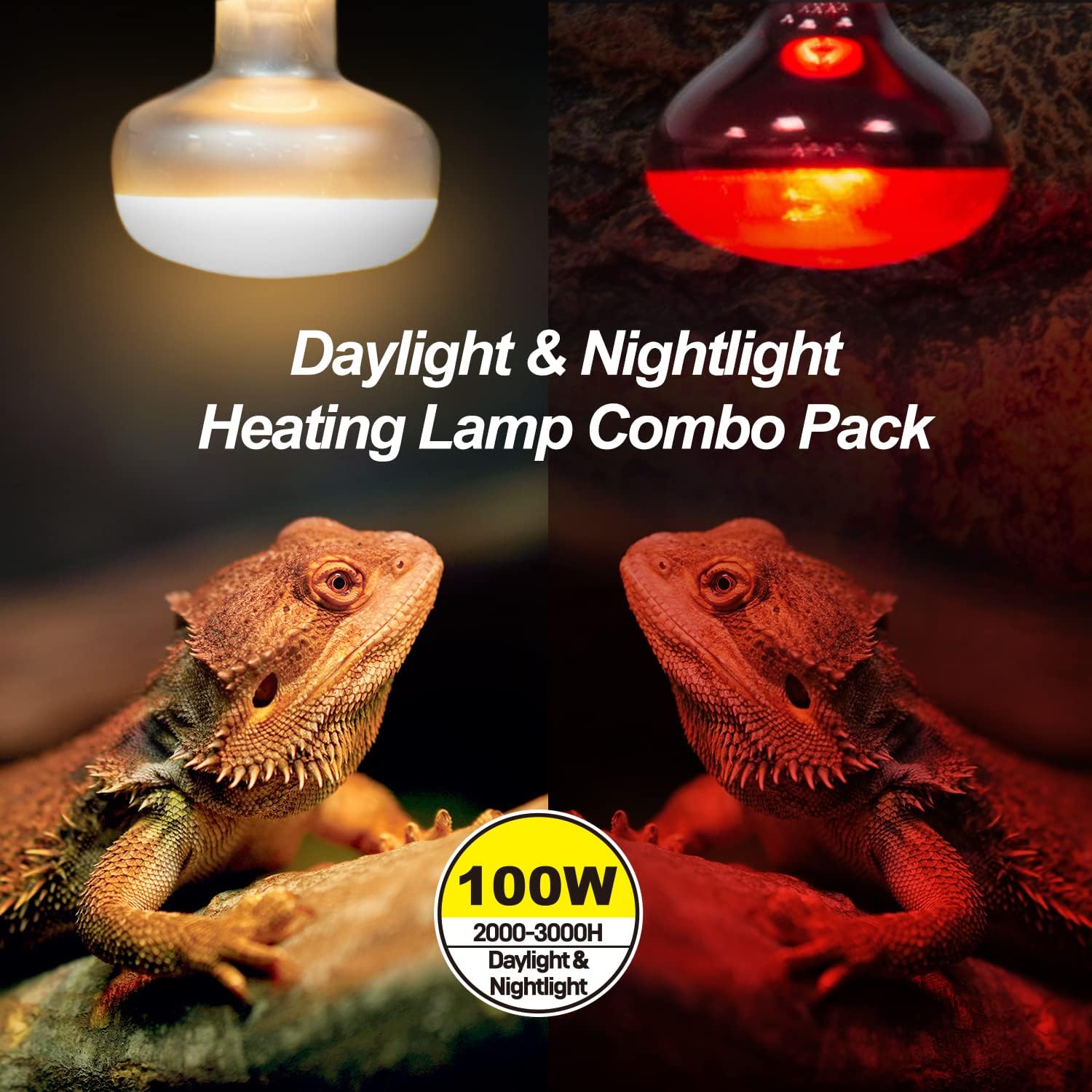 WACOOL 4Pack Reptile Heat Lamp Day & Night Kit 100W, Nature Simulated Basking Daylight & Nightlight UVA Heat Lamp Bulbs for Reptiles & Amphibians