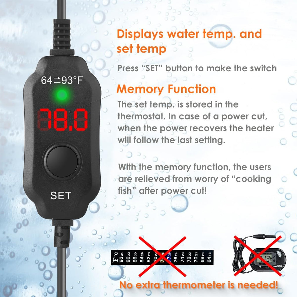 Super Compact 200W Fish Tank Heater, Submersible Aquarium Heater with LED Digital Display Thermostat, Adjustable Fish Heater for 20-40 Gallon Tanks
