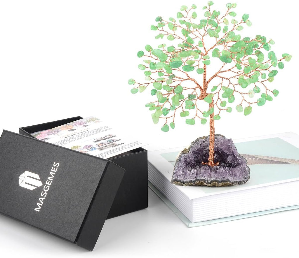 Gemstone Crystal Tree of Life,Natural Green Aventurine with Amethyst Cluster Base,Feng Shui Decor Bonsai Money Tree,Home Decor for Luck and Wealth 5.5"-6.3"