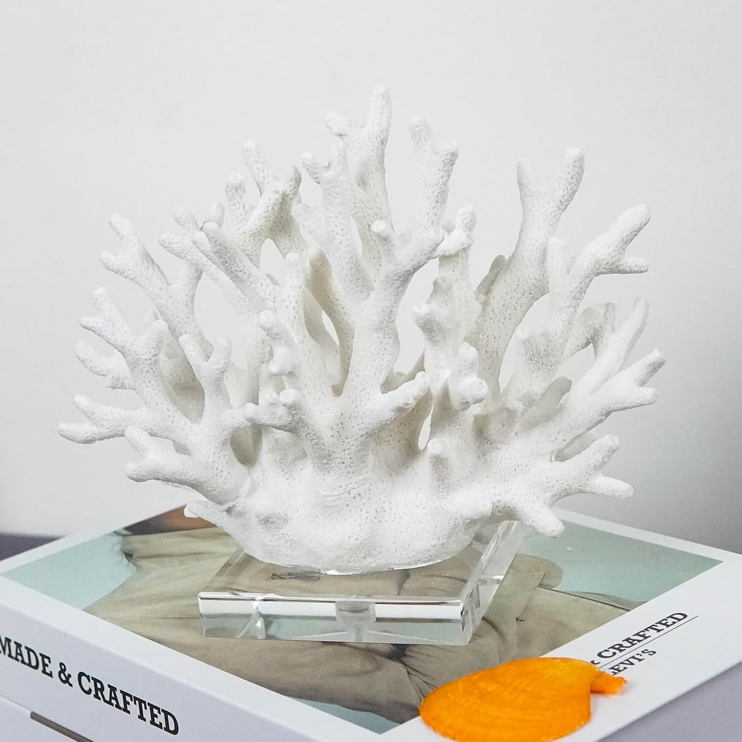 Coral Reef Ocean Decor, 6.3'' High x 7.5'' Width Artificial Resin Coral Reef Statue for Ocean Coastal Beach Nautical Themed Room Bathroom Decor for Home, RB1001W, White