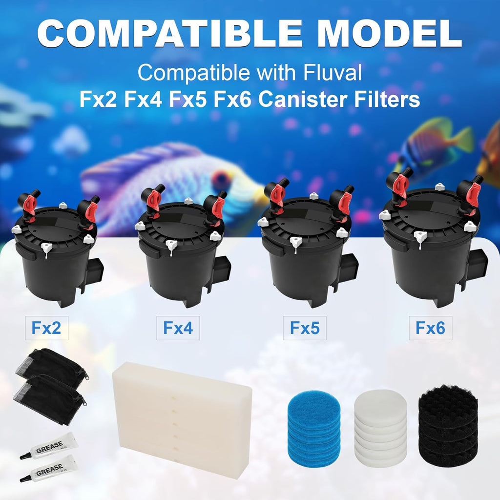 28-Piece Filter Media Replacement Kit，Compatible with Fluval FX2/FX4/FX5/FX6 Aquarium Filters – Including Mesh Bags, Polishing Pads, Silicone Lube,etc