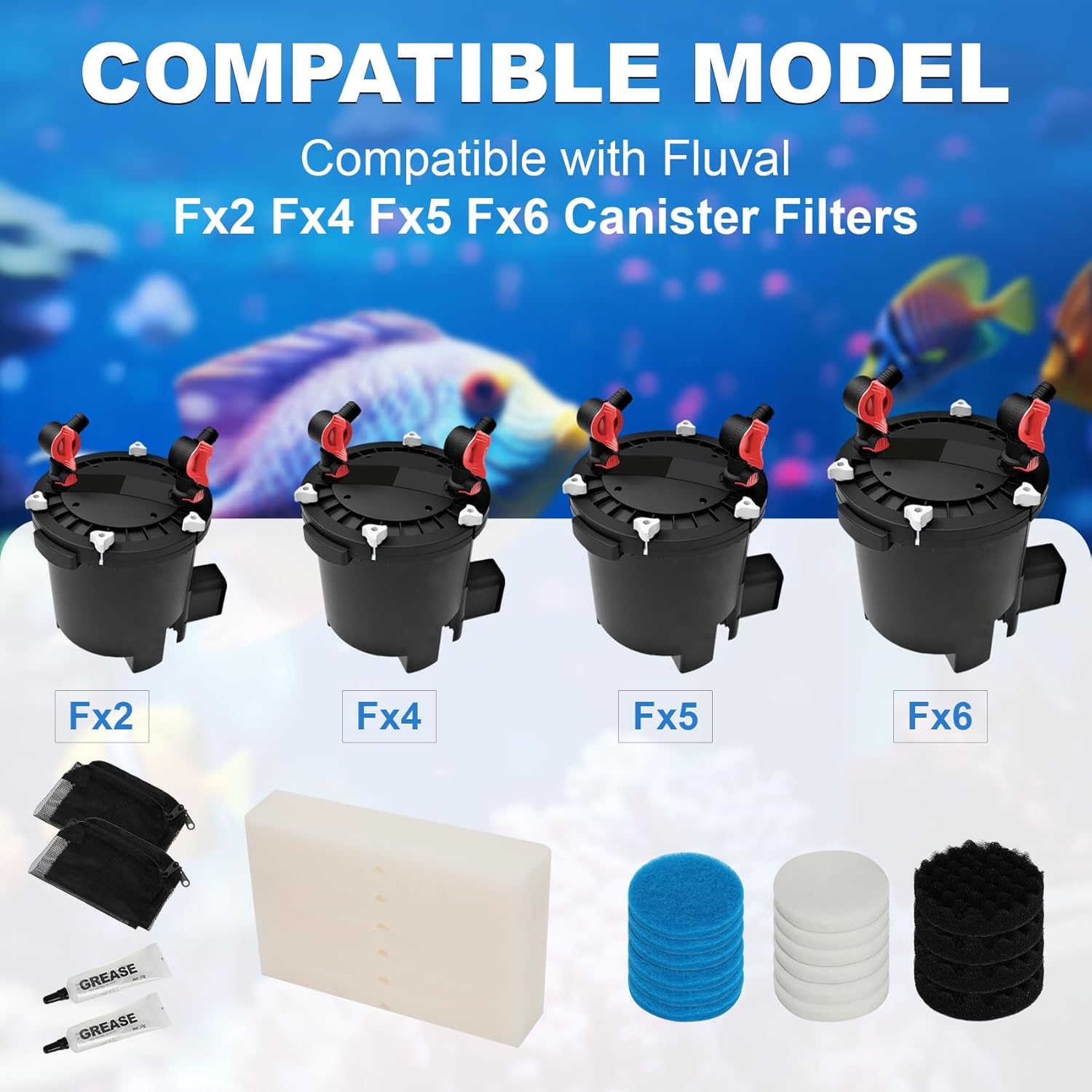 28-Piece Filter Media Replacement Kit，Compatible with Fluval FX2/FX4/FX5/FX6 Aquarium Filters – Including Mesh Bags, Polishing Pads, Silicone Lube,etc
