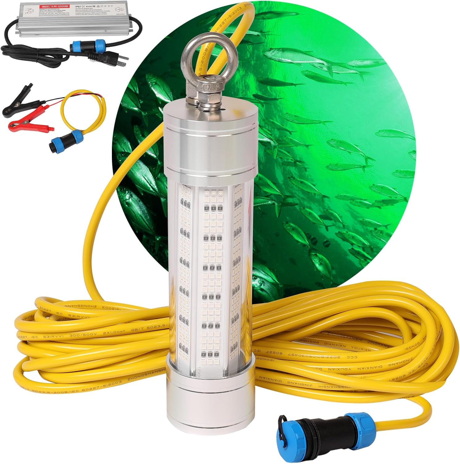 LED Underwater Fishing Light, DGLUYUDV 150W 110V & 12V 20000LM Waterproof LED Green Submersible Light Attractants for Docks and Boats, Snook, Bass, Crappie, Striper, Bait, Catfish and More