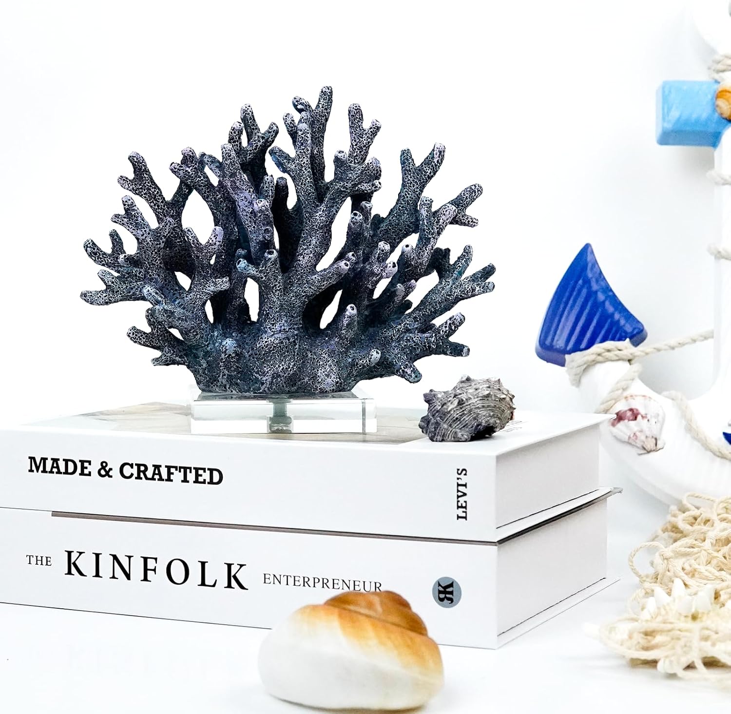 Coral Reef Beach Decor,6.3'' High x 7.5'' Width Artificial Resin Coral Reef Statue for Ocean Coastal Beach Nautical Themed Room Bathroom Decor for Home,RB1001B,Blue