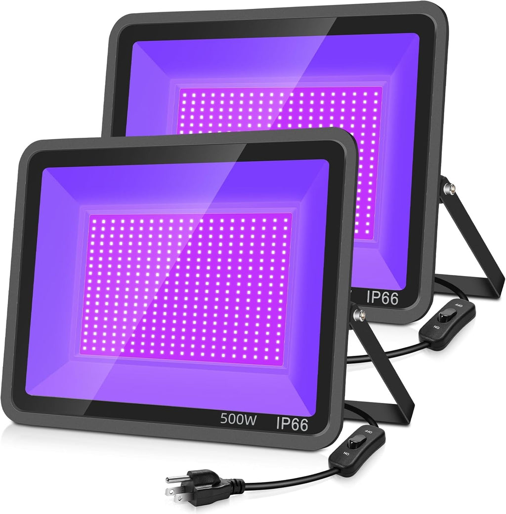 500W 2 Pack LED Black Light,Black Flood Light Outdoor with Plug and Switch, IP66 Waterproof 395nm to 405nm LED UV Blacklight Neon Glow for Glow Party, Halloween, Fluorescent Poster, Body Paint