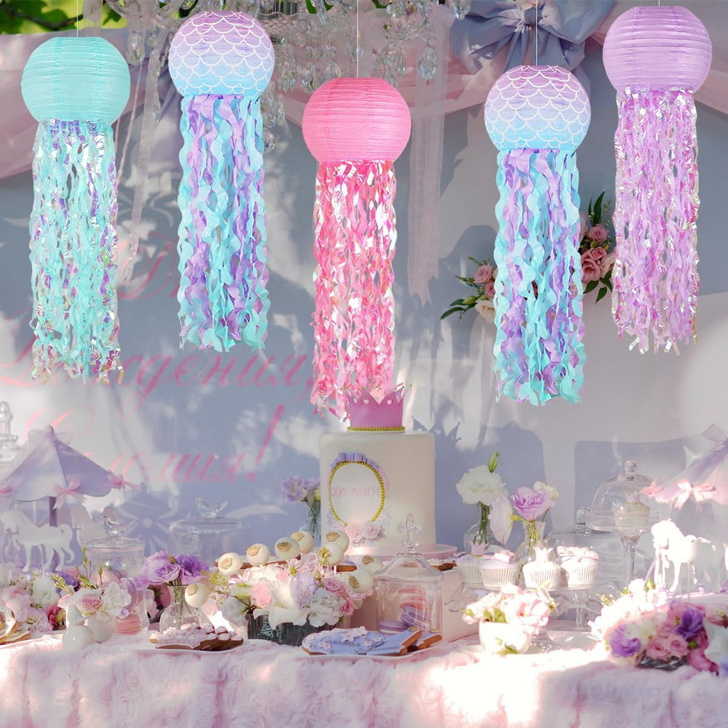 Mermaid Birthday Decorations, Jellyfish Paper Lanterns Pink Lavender Blue Mermaid Scales Hanging Lantern for Baby Shower Theme Under The Sea Ocean Birthday Party Decorations Set of 5