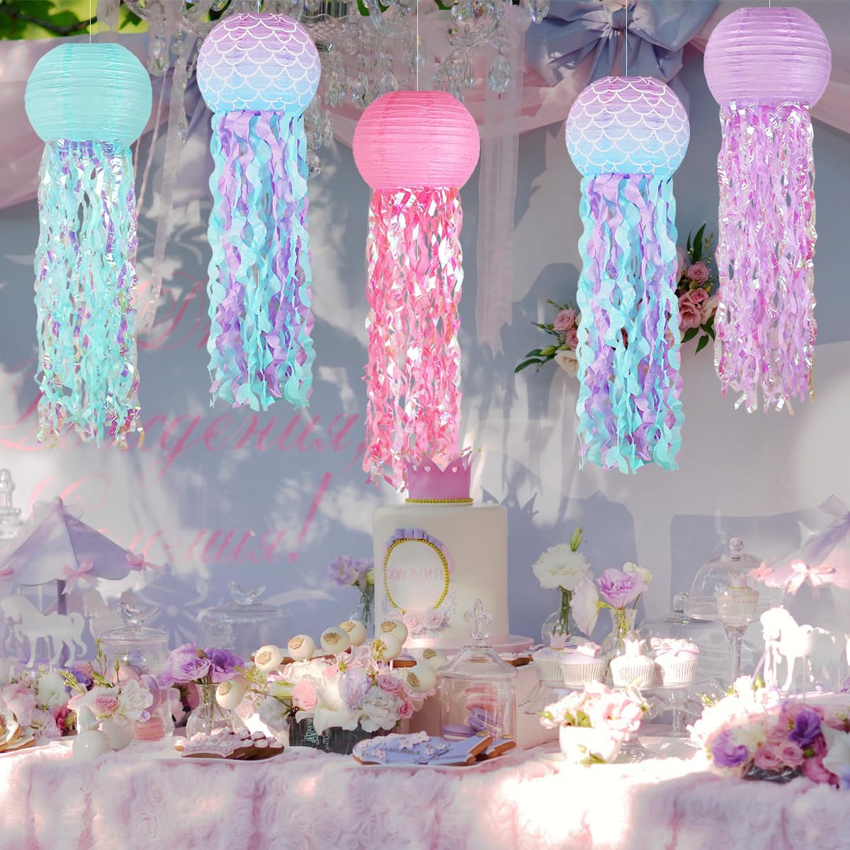 Mermaid Birthday Decorations, Jellyfish Paper Lanterns Pink Lavender Blue Mermaid Scales Hanging Lantern for Baby Shower Theme Under The Sea Ocean Birthday Party Decorations Set of 5