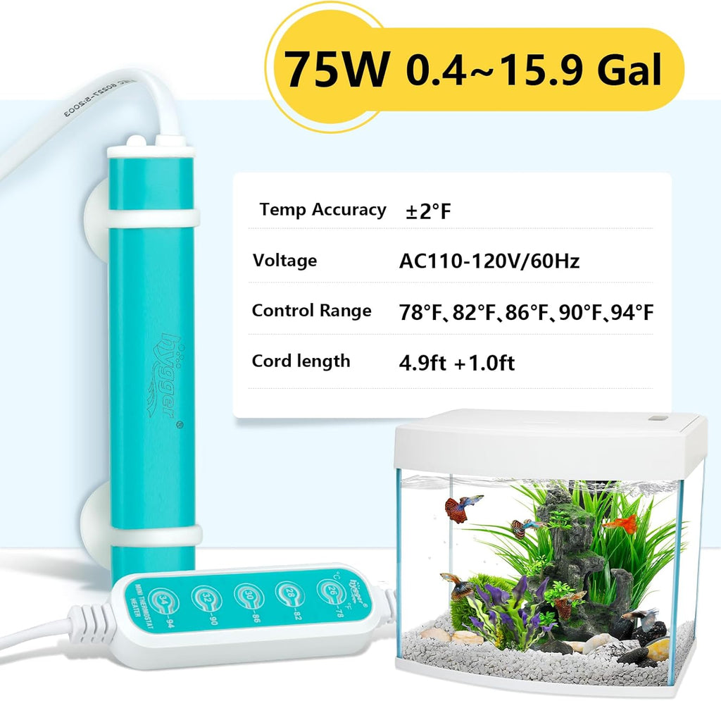hygger Mini Submersible Aquarium Heater, Turtle and Betta Fish Tank Heater with Five-Key External Controller 78℉、82℉、86℉、90℉、94℉ for Freshwater Small Tank