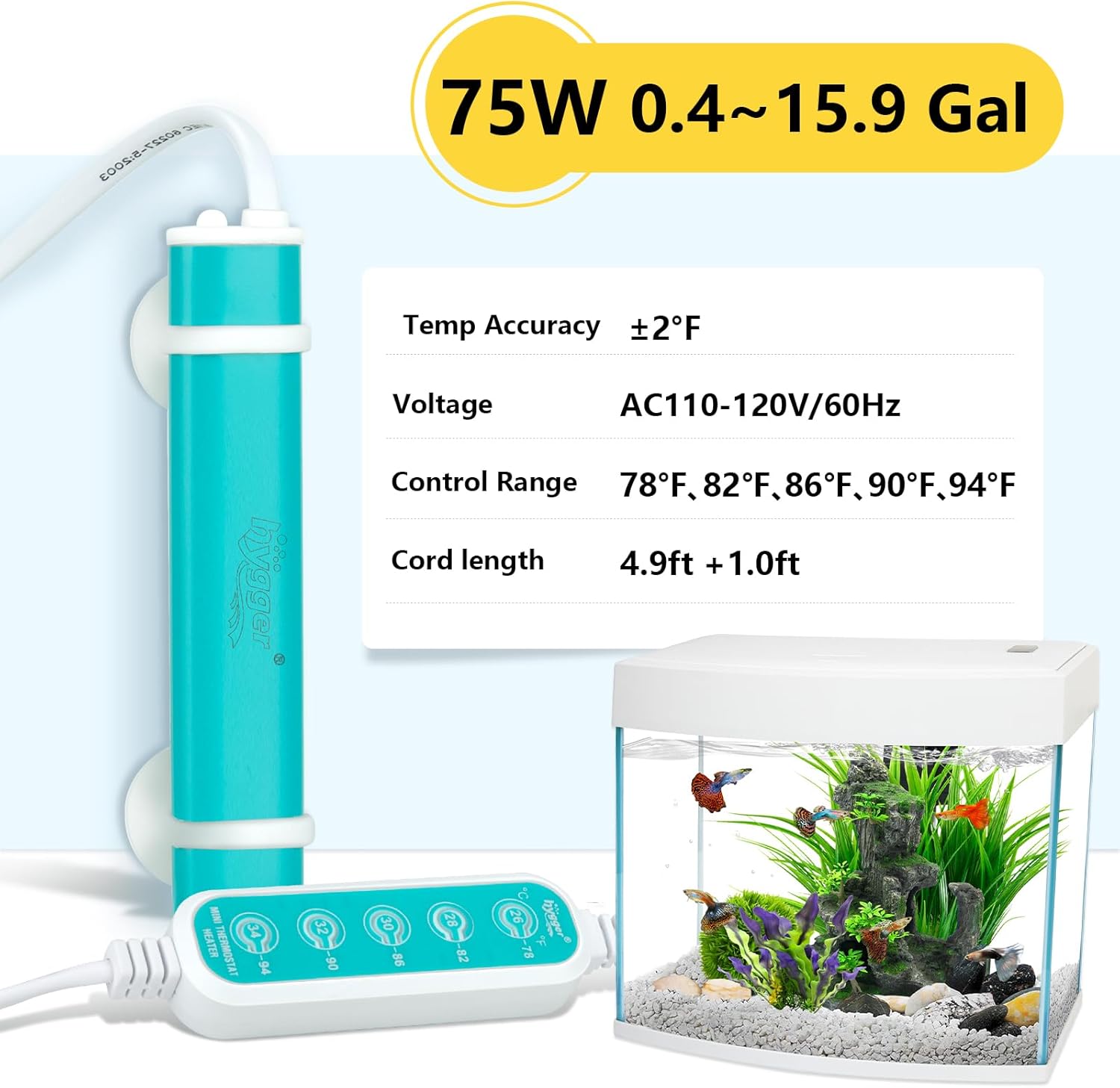 hygger Mini Submersible Aquarium Heater, Turtle and Betta Fish Tank Heater with Five-Key External Controller 78℉、82℉、86℉、90℉、94℉ for Freshwater Small Tank