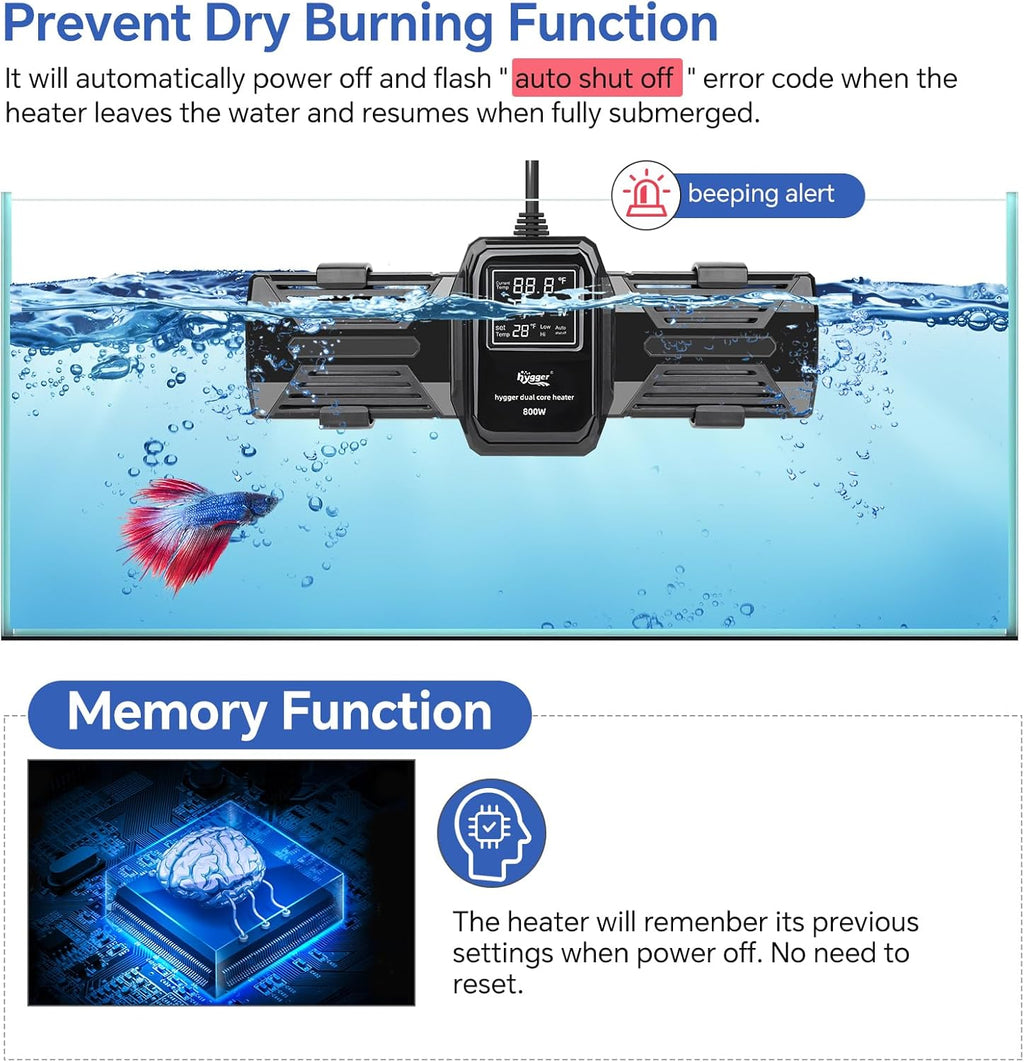 hygger Aquarium Heater, 500W 800W 1000W Submersible Fish Tank Heater with LED Digital Display Over-Temperature Protection and Automatic Power-Off, for Saltwater and Freshwater Tank up to 240 Gallon