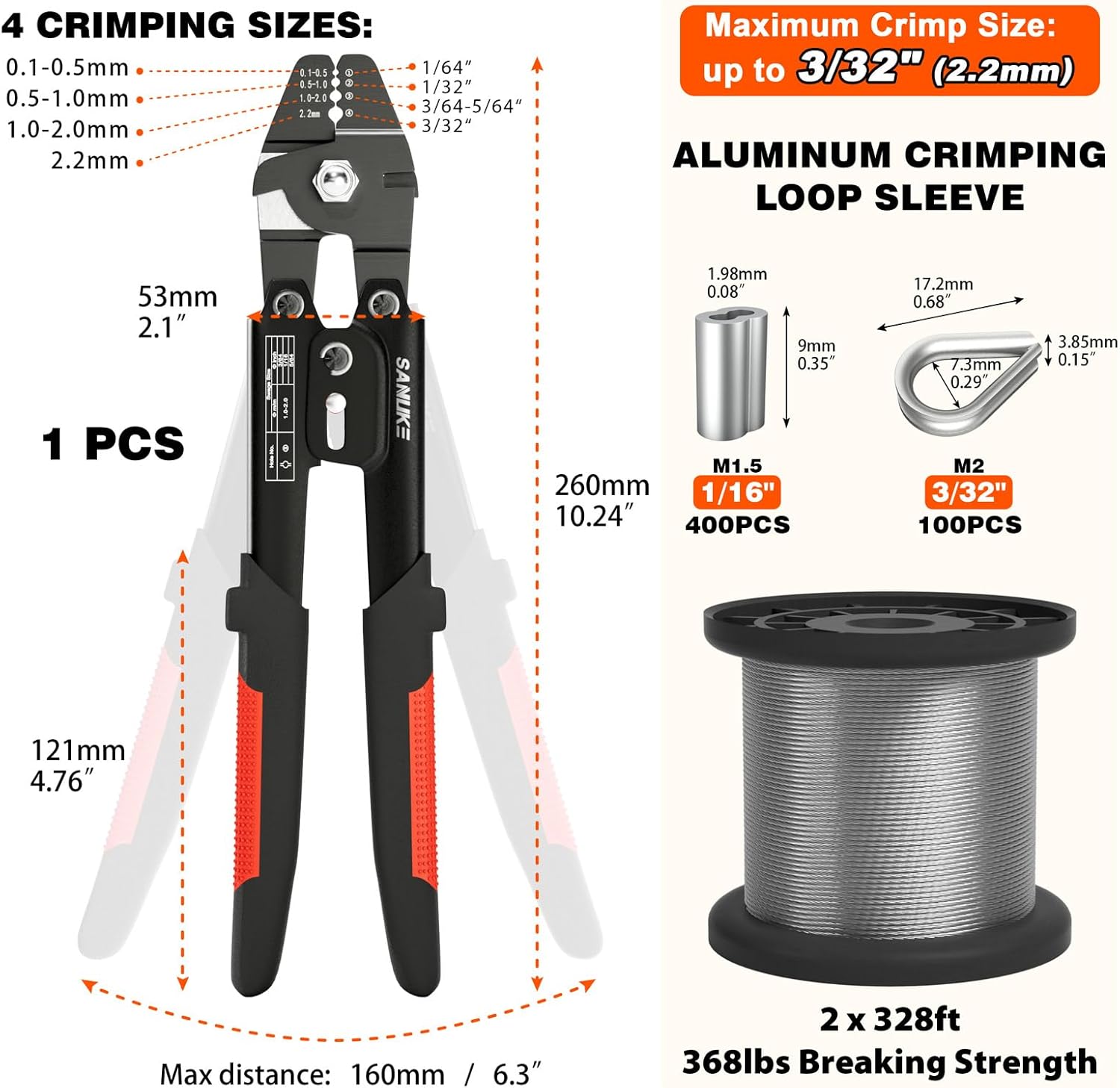 Sanuke Wire Rope Crimp Kit with 656ft 1/16 304 Stainless Steel Cable 7x7 Strand Core, 400PCS 1/16'' Aluminum Crimp Loop Sleeves and 100PCS M2 Wire Rope Stainless Steel Thimble