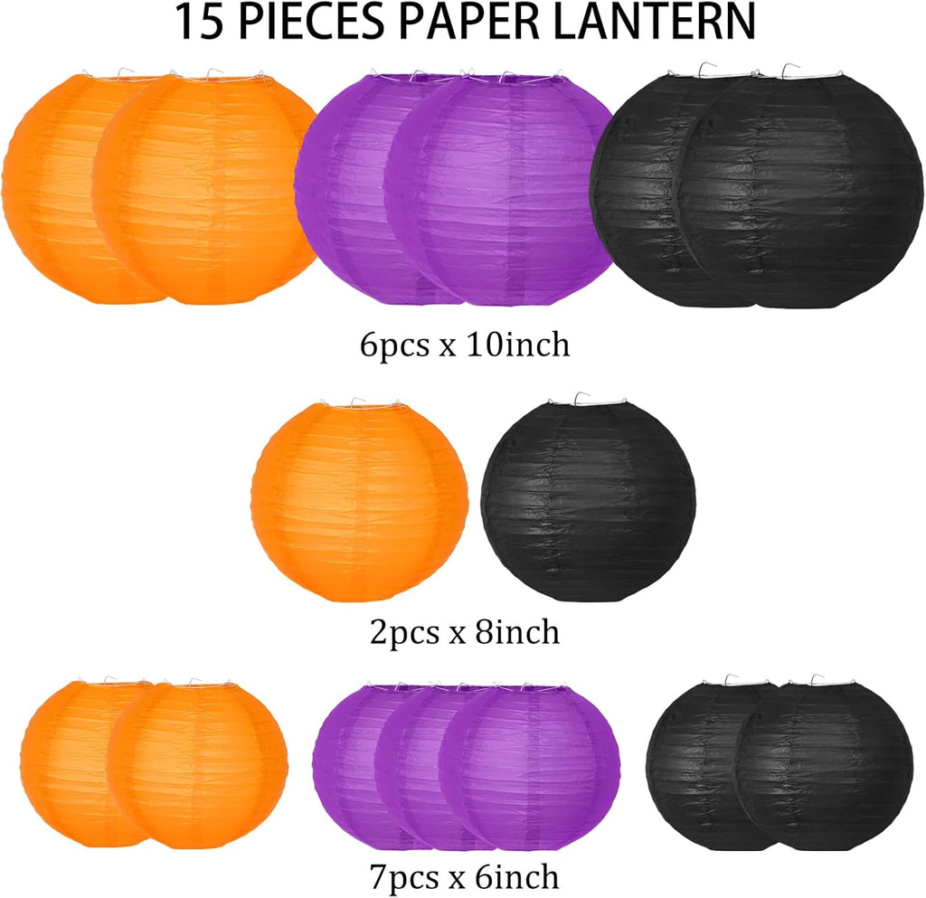 Halloween Party Decorations, Orange Black Purple Hanging Paper Lanterns for Halloween Ceiling, Horror Party Birthday Wedding Yard Garden Decor Indoor Outdoor，15pcs