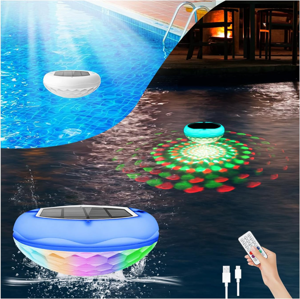 Solar Pool Lights, 2600mAh USB Rechargeable Floating Pool Lights, 6.7" IP68 Waterproof Solar Floating Light with Remote, RGB 13 Colors Upper and Lower Glow Hangable Light for Path, Hot Tubs 1 PCS