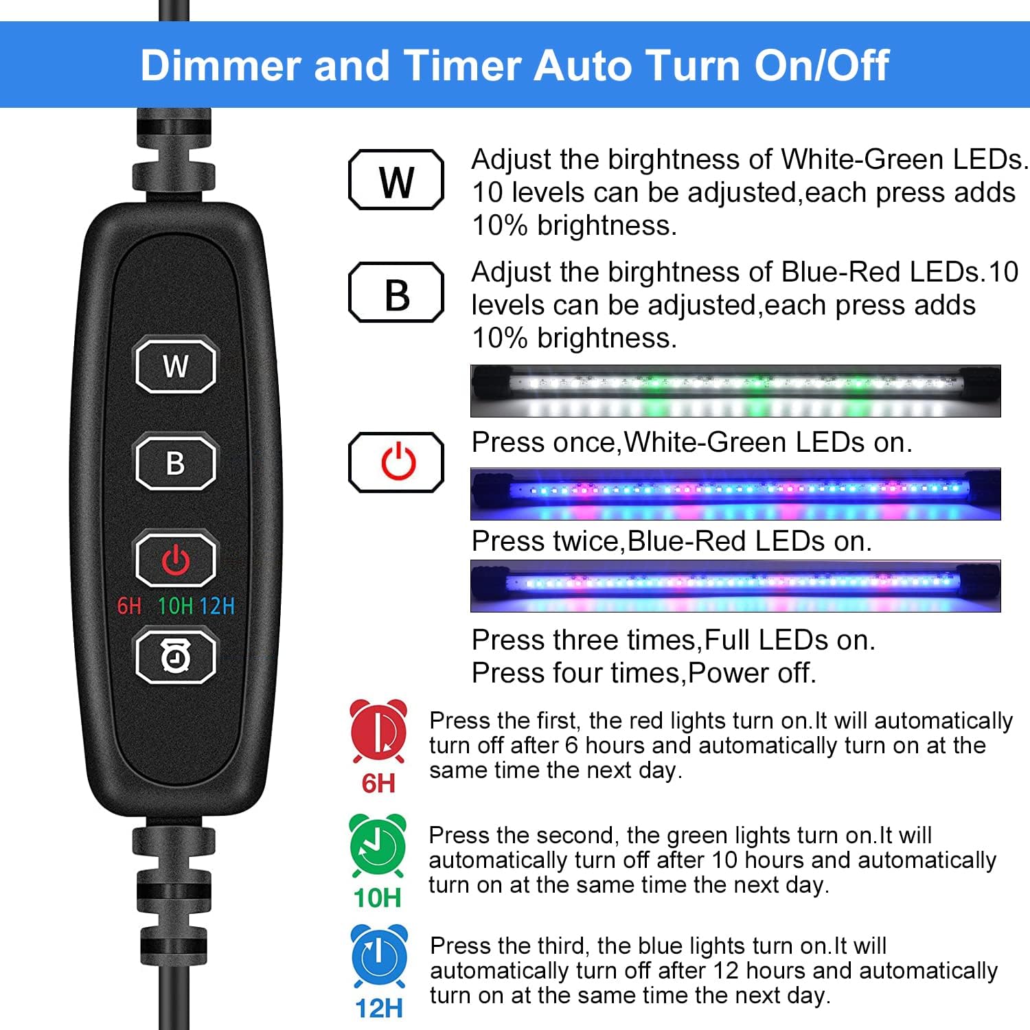VARMHUS Submersible LED Aquarium Light,Fish Tank Light with Timer Auto On/Off Dimming Function,3 Light Modes Dimmable&4-Color LED,10 Brightness Levels Optional&3 Levels of timed Loop 18LEDS-15''