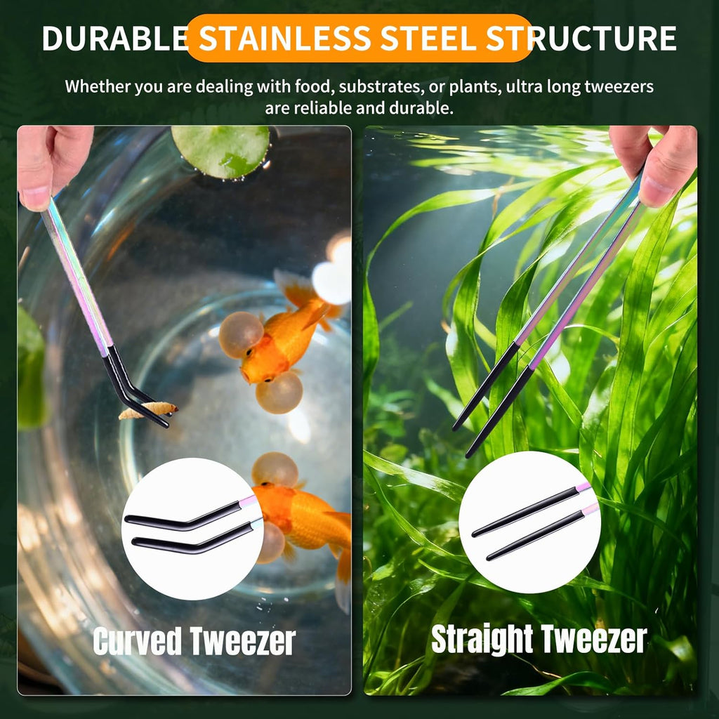 3 Pack Stainless Steel Reptile Feeding Tongs with Rubber Tip and Spoon, 10.6" Straight & Curved Tweezers for Aquariums & Crafts, Feeder Tools for Bearded Dragons & Lizards, Terrarium Tank Supplies